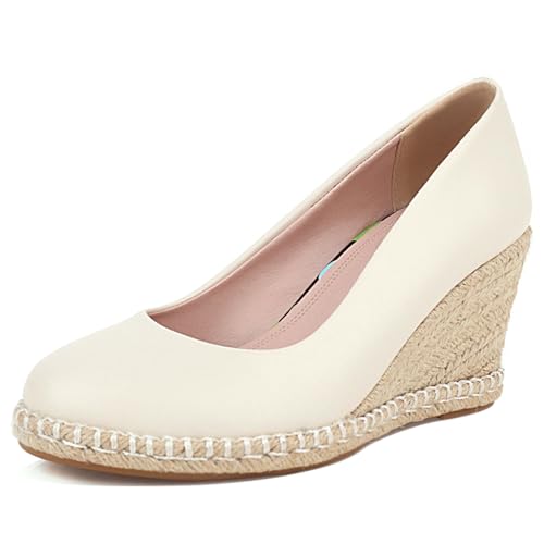 Damen-Espadrille mit Keilabsatz Runde Zehen Höhe Ferse Schuhe Ohne Verschluss mit Plateau Komfort Daily Schuhe B26400Ps Beige Gr 35 EU von Bviennic