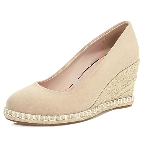 Damen-Espadrille mit Keilabsatz Runde Zehen Höhe Ferse Schuhe Ohne Verschluss mit Plateau Komfort Daily Schuhe F26114Ji Beige Gr 36.5 EU/37Cn von Bviennic