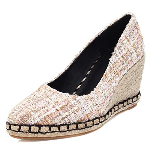 Damen-Espadrille mit Keilabsatz Runde Zehen Höhe Ferse Schuhe Ohne Verschluss mit Plateau Komfort Daily Schuhe J25906Rc Beige Gr 38 EU/39Cn von Bviennic