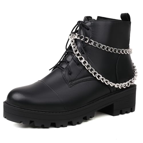 Damen Flache Stiefel mit Plateau Ketten Mitte Absatz Stiefeletten Runde Zehen Zip Mode Daily Schuhe, X266939Lq Schwarz Gr 35 EU Damen Flache Stiefel mit Plateau Ketten Mitte Absatz Stiefeletten Runde Zehen Zip Mode Daily Schuhe, X266939Lq Schwarz Gr 35 EU von Bviennic