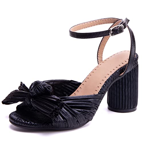 Damen-Sandalen mit Blockabsatz Offene Zeh Höhe Ferse Dancing Schuhe Schnalle Mode Sandals Knöchelriemchen Bogen, W9227Nq Shine-Schwarz Gr 50 EU/53Cn von Bviennic