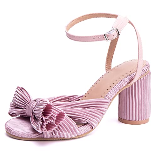 Damen-Sandalen mit Blockabsatz Offene Zeh Höhe Ferse Dancing Schuhe Schnalle Mode Sandals Knöchelriemchen Bogen, N11164Rc Dark-Pink Gr 40 EU/41Cn von Bviennic