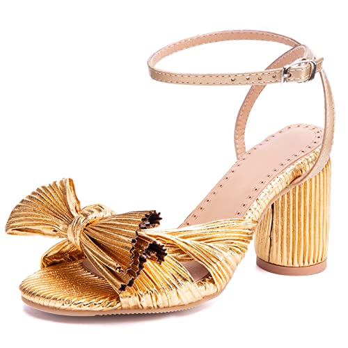 Damen-Sandalen mit Blockabsatz Offene Zeh Höhe Ferse Dancing Schuhe Schnalle Mode Sandals Knöchelriemchen Bogen, Q8876Ym Shine-Gold Gr 47 EU/49Cn von Bviennic