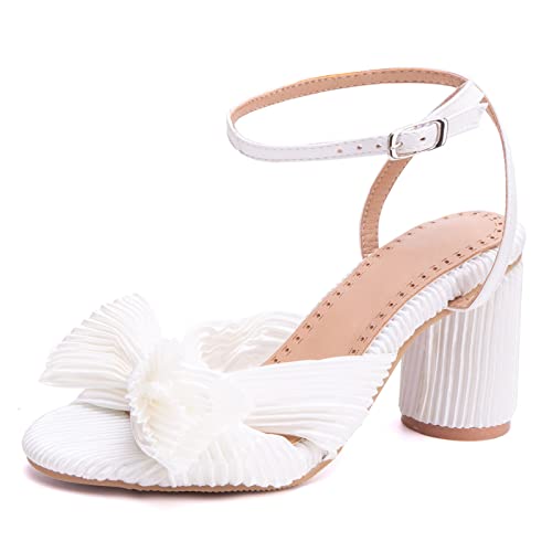 Damen-Sandalen mit Blockabsatz Offene Zeh Höhe Ferse Dancing Schuhe Schnalle Mode Sandals Knöchelriemchen Bogen, W8031Jt Shine-Silber Gr 50 EU/53Cn von Bviennic