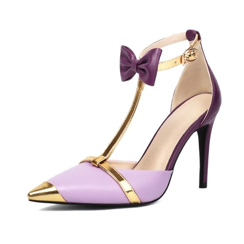 Damen Stiletto Pumps Pointed Toe Höhe Ferse Schuhe Schnalle T-Spange Bogen Mode Dancing Schuhe D79570Ai Violett Gr 35 EU von Bviennic
