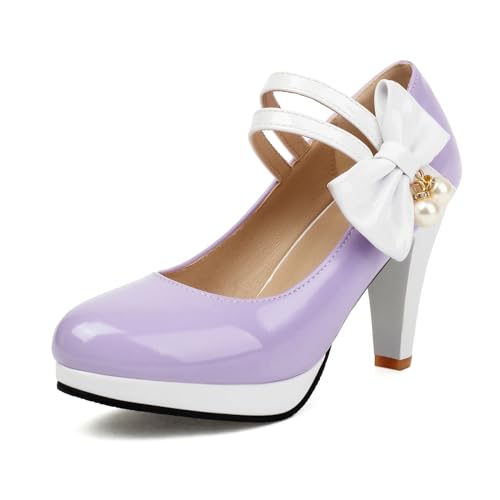 Damen Trichterabsatz Mary Jane Almond Toe Höhe Ferse Schuhe Klettverschluss mit Plateau Bogen Süß Daily Schuhe C71679Nq Violett Gr 32 EU/31Cn von Bviennic