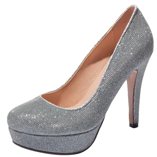 Pumps mit Damen Kegel Ferse Runde Zehen Höhe Ferse Schuhe Ohne Verschluss Glitzer Simple Abendschuhe M55806Ko Silber Gr 37 EU/38Cn von Bviennic