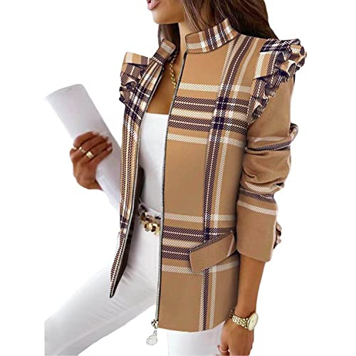 Damen Casual Blazer Reißverschluss Rüschenärmel Blazer Fashion Plaid Leopard Print Jacke Arbeit Büro Blazer von Bvsbpk