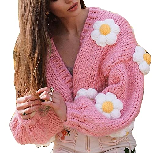 Strickjacke mit Blumenmuster für Damen mit Laternenärmeln, kurzer Pullover, rosa Strickjacke mit Blumen, lockere Modejacke von Bvsbpk