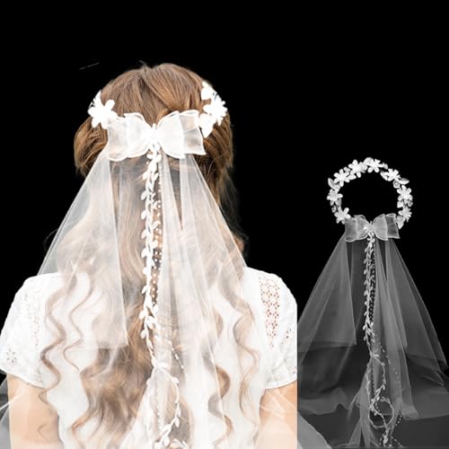 Haarschmuck Kommunion für Mädchen, Blumenmädchen Braut Hochzeit Taufe Haar Zubehör with Schmetterlingsknoten Rattan Stirnband von Bvxchg