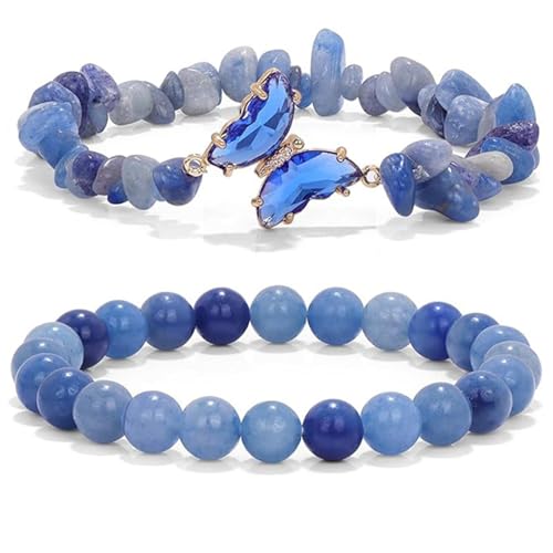 Jade-Armband für Damen und Herren, 8 mm, Stretch-Perlenarmband, zerkleinerter Edelstein, Schmetterling-Armband-Set, Glücksgeschenk, Einheitsgröße von Bwesfy