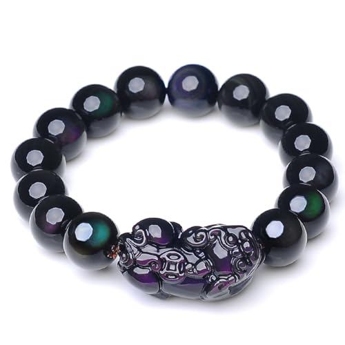Jade-Armband für Damen und Herren, natürlicher Obsidian, Regenbogen, Pixiu, Stretch-Perlenarmband, 12 mm von Bwesfy
