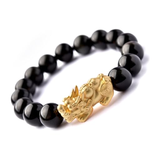 Pixiu Jade-Armband für Damen und Herren, schwarzes Achat-Armband, Glücksbringer, Stretch-Perlenarmband, 12 mm von Bwesfy