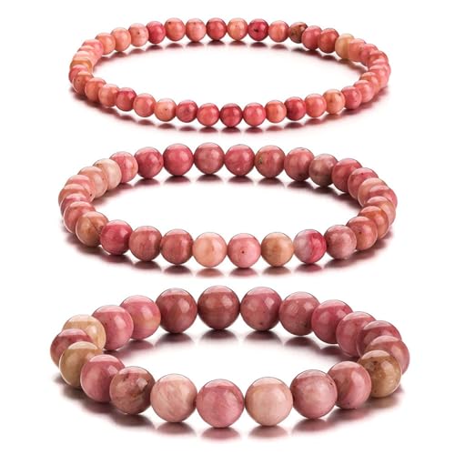 Rosa Jade-Armband für Damen und Herren, 3 Stück, 4 mm/6 mm/8 mm, Edelstein-Stretch-Perlenarmband, 17,8 cm, Einheitsgröße, Achat von Bwesfy