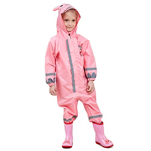 Bwiv Regenmantel Kinder Wasserdicht Atmungsaktiv Regenanzug Einteilig Jungen Mädchen Regenjacke mit Reflektor Leicht Overall ohne Geruch 3-10 Jahre Rosa L von Bwiv