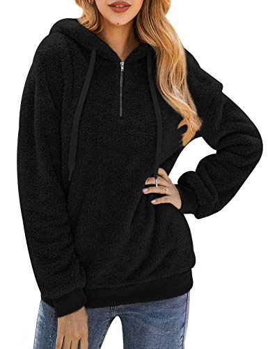 Bwiv Sweatshirt Damen Winter Warm Weich Hoodie Mädchen Pullover Mit Kapuze Seitentasche Flauschig Teddy Fleece Winterpullover Sweater Langarm Kapuzenpullover Oversize, Schwarz 1, L (EU 42/44) von Bwiv