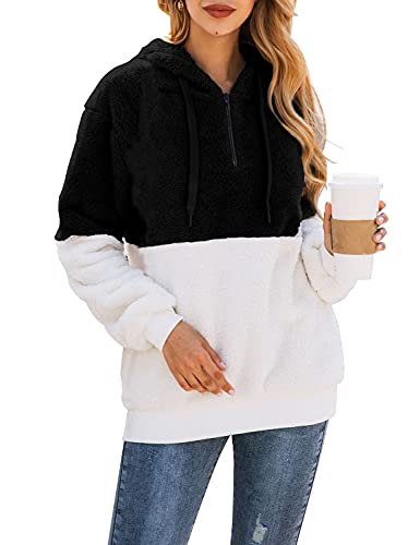 Bwiv Sweatshirt Damen Winter Warm Weich Hoodie Mädchen Pullover Mit Kapuze Seitentasche Flauschig Teddy Fleece Winterpullover Sweater Langarm Kapuzenpullover Oversize, Schwarz A, S von Bwiv