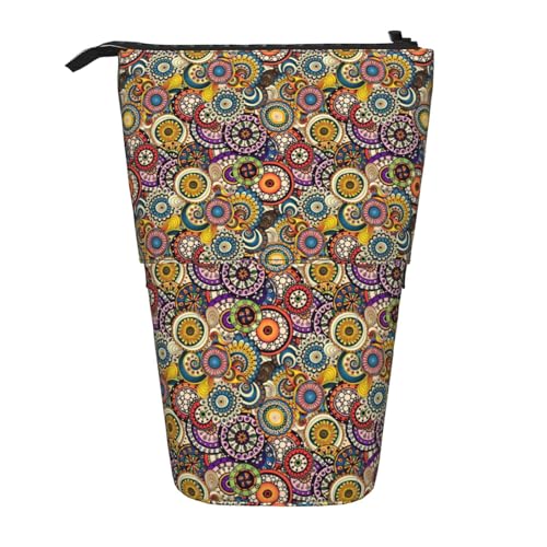 Bxzpzplj Federmäppchen mit Hundepfotenmuster, stehend, für Büro, Schreibwaren, einziehbares Federmäppchen, Federmäppchen, Arbeit, Ethnische Kreise Blumenmuster, Einheitsgröße von Bxzpzplj