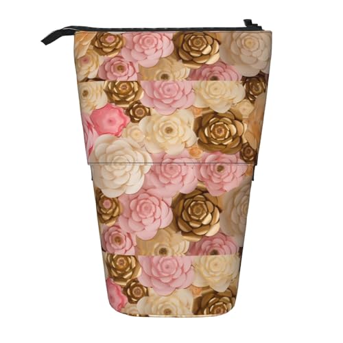 Bxzpzplj Rosa Weiß Gold Blumen Druck Bleistift Teleskop Fall Schreibwaren Aufbewahrungstasche Federmäppchen für Schule, Teenager, Jungen, Rosa / Weiß / Gold Blumen, Einheitsgröße von Bxzpzplj