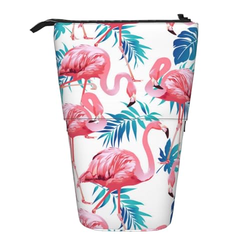 Bxzpzplj Rustikales Federmäppchen mit Ziegelstein-Motiv, Mehrzweck-Teleskop-Federmäppchen, Organizer, Schreibwaren-Aufbewahrungstasche, Grünes Pflanzenblatt mit Flamingo-Vogelmotiv, Einheitsgröße von Bxzpzplj