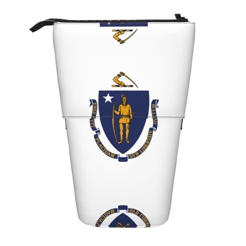 Bxzpzplj Stehendes Federmäppchen mit Michigan-Staatsflaggen-Druck, für Büro, Schreibwaren, einziehbares Federmäppchen, Federmäppchen, Arbeit, Flagge des Bundesstaates Massachusetts, Einheitsgröße von Bxzpzplj