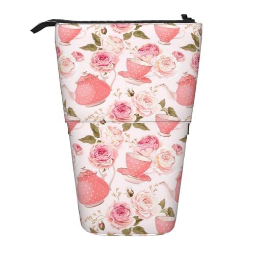 Bxzpzplj Teetassen mit Rosen, romantischer Shabby-Druck, Bleistift-Teleskop-Etui, Schreibwaren-Aufbewahrungstasche, Federmäppchen für Schule, Teenager, Jungen, Rosa Teekanne, Einheitsgröße von Bxzpzplj