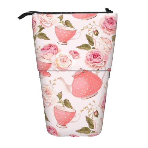 Bxzpzplj Teetassen mit Rosen, romantischer Shabby-Druck, Bleistift-Teleskop-Etui, Schreibwaren-Aufbewahrungstasche, Federmäppchen für Schule, Teenager, Jungen, Teebecher mit Rosen Romantisch Shabby, von Bxzpzplj