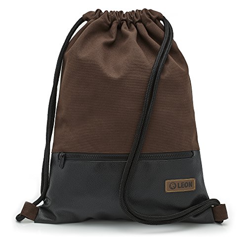 By Bers LEON Turnbeutel, große Reißverschluss Außentasche, Innentaschen Innenfutter Rucksack Tasche Damen Männer Hipster Beutel Veganes Leder Gym Bag Draw String (Braun_Schwarz_PU) von By Bers
