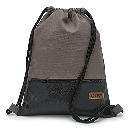 By Bers LEON Turnbeutel, große Reißverschluss Außentasche, Innentaschen Innenfutter Rucksack Tasche Damen Männer Hipster Beutel Veganes Leder Gym Bag Draw String (Grau_Schwarz_PU) von By Bers