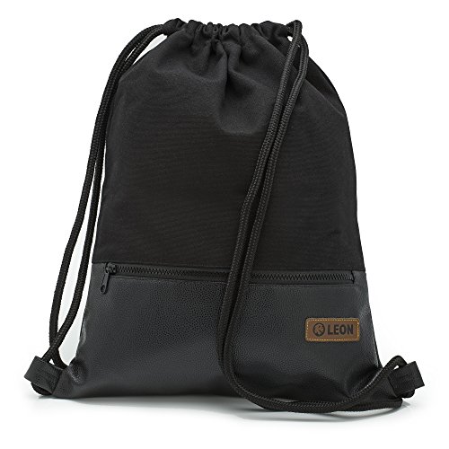 By Bers LEON Turnbeutel, große Reißverschluss Außentasche, mit Innentaschen Rucksack Tasche Damen Herren & Teenager Gym Bag Draw String (Schwarz_Schwarz_PU) von By Bers