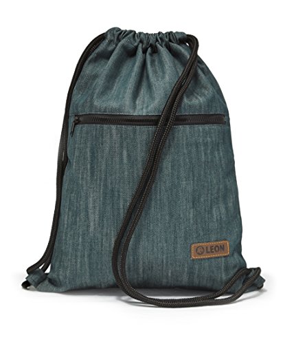 By Bers LEON Turnbeutel, große Reißverschluss Außentasche, Innentaschen Innenfutter Rucksack Tasche Damen Männer Hipster Beutel Veganes Leder Gym Bag Draw String (denimgruen_Zipper) von By Bers
