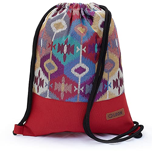 By Bers Leon großer Premium Turnbeutel mit Innentaschen Rucksack Tasche Damen Herren Teenager Gym Bag Draw String 45x34cm für Sport Reise Alltag Einkauf (Boho 001Rot) von By Bers