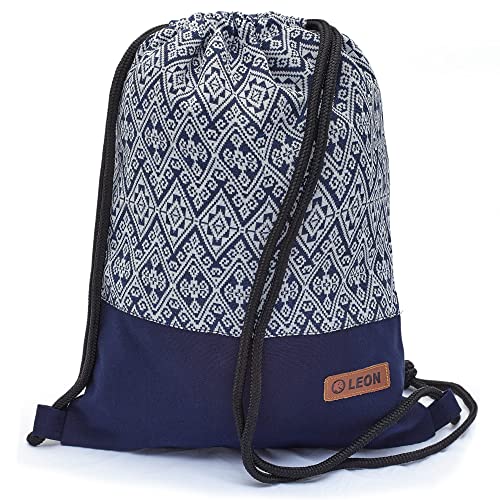 By Bers LEON Turnbeutel mit Innentaschen Reißverschluss Rucksack Beutel Tasche Damen Männer Gym Bag Draw String (Boho 002Blau) von By Bers