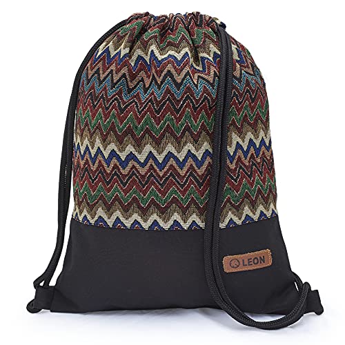 By Bers LEON Turnbeutel mit Innentaschen Reißverschluss Rucksack Beutel Tasche Damen Männer Gym Bag Draw String (Boho 003Schwarz) von By Bers