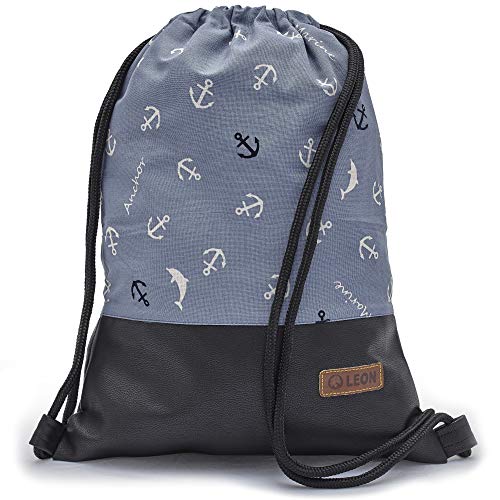 By Bers Leon großer Premium Turnbeutel mit Innentaschen Rucksack Tasche Damen Herren Teenager Gym Bag Draw String 45x34cm für Sport Reise Alltag Einkauf (Marine_SwPU) von By Bers