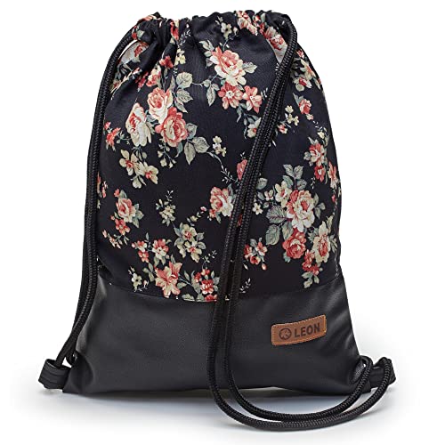 By Bers LEON Turnbeutel mit Innentaschen Reißverschluss Rucksack Beutel Tasche Damen Männer & Teenager Gym Bag Draw String (RoseSchwarzPUSchwarz) von By Bers