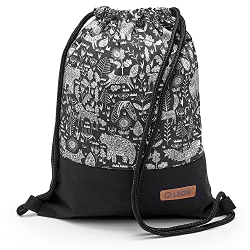 By Bers LEON Turnbeutel mit Innentaschen Reißverschluss Rucksack Beutel Tasche Damen Männer & Teenager Gymbag Gymsack (TB_WaldTiere_Stoffschwarz) von By Bers