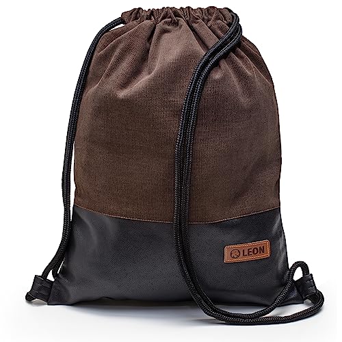 By Bers Leon großer Premium Turnbeutel mit Innentaschen Rucksack Tasche Damen Herren Teenager Gym Bag Draw String 45x34cm für Sport Reise Alltag Einkauf (TB_dklBraunKordPUschwarz) von By Bers