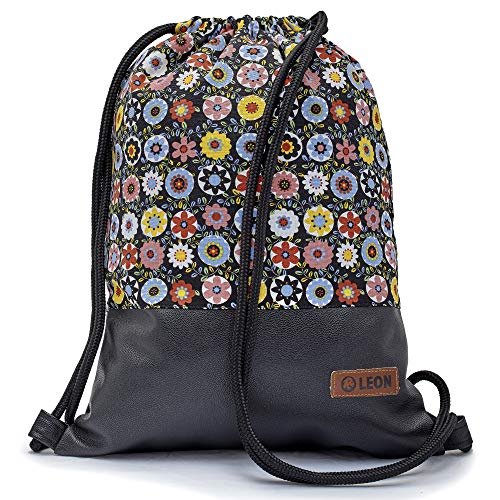 By Bers Leon großer Premium Turnbeutel mit Innentaschen Rucksack Tasche Damen Herren Teenager Gym Bag Draw String 45x34cm für Sport Reise Alltag Einkauf (BuntBlumeSchwarzPU) von By Bers