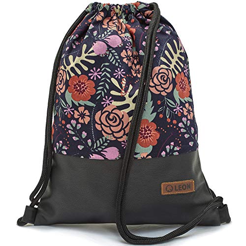 By Bers Leon großer Premium Turnbeutel mit Innentaschen Rucksack Tasche Damen Herren Teenager Gym Bag Draw String 45x34cm für Sport Reise Alltag Einkauf (Farn_schwarzPU) von By Bers