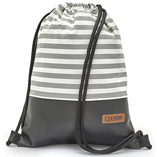 By Bers LEON Turnbeutel mit Innentaschen Rucksack Tasche Damen Herren & Teenager Gym Bag Draw String (Streifengrau_schwPU) von By Bers