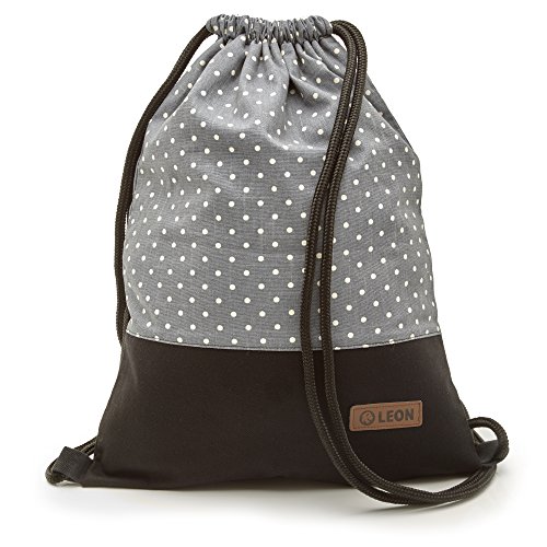 By Bers LEON Turnbeutel mit Innentaschen Rucksack Tasche Damen Herren & Teenager Gymbag Gymsack (Dots_GrauWeiß_SchwarzStoff) von By Bers