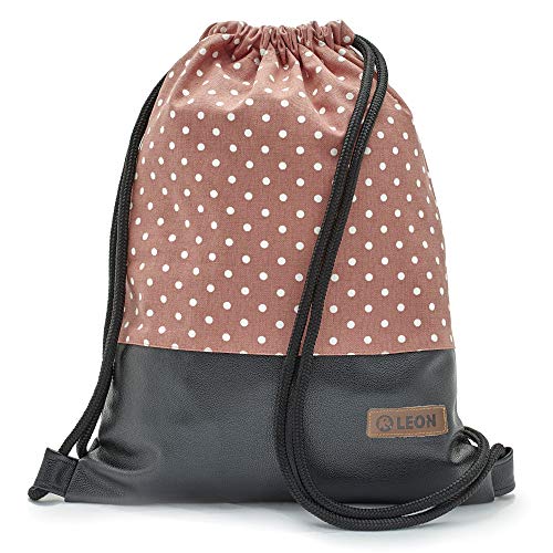 By Bers LEON Turnbeutel mit Innentaschen Rucksack Tasche Damen Herren & Teenager Gymbag Gymsack (Dots_ziegelweiß_SchwarzPU) von By Bers