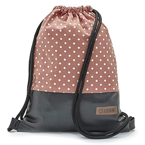 By Bers Leon großer Premium Turnbeutel mit Innentaschen Rucksack Tasche Damen Herren Teenager Gym Bag Draw String 45x34cm für Sport Reise Alltag Einkauf (Dots_ziegelweiß_SchwarzPU) von By Bers