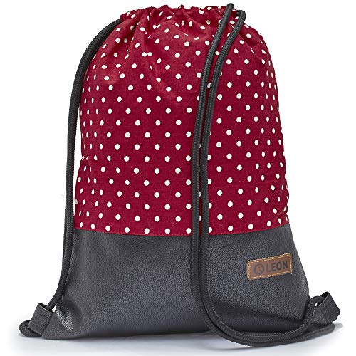 By Bers Leon großer Premium Turnbeutel mit Innentaschen Rucksack Tasche Damen Herren Teenager Gym Bag Draw String 45x34cm für Sport Reise Alltag Einkauf (WeißRot_SchwarzPUKunstlederDots) von By Bers