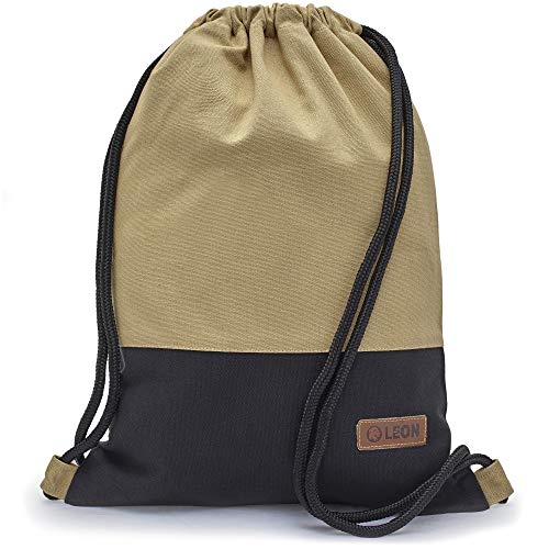 By Bers LEON Turnbeutel mit Innentaschen einfarbiges Design Rucksack Beutel Tasche Damen Herren & Teenager Gym Bag Hipster (Beige_schwStoff) von By Bers