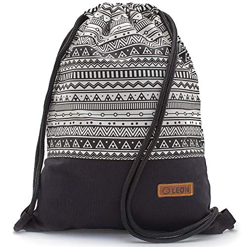 By Bers LEON Turnbeutel mit Innentaschen in Schwarz-Weiß Rucksack Tasche Damen Herren & Teenager Gym Bag Draw String (Indio2_SW) von By Bers