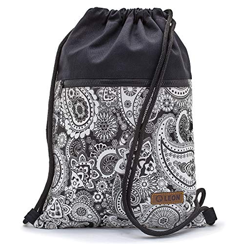 By Bers LEON Turnbeutel mit Innentaschen in Schwarz-Weiß Rucksack Tasche Damen Herren & Teenager Gym Bag Draw String (Paisley_SW_Zipper) von By Bers