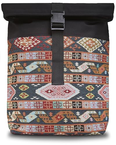 By Bers Leon Rolltop Rucksack Premium Baumwolle Canvas & Webstoff Damen Herren 17 Zoll Laptop Eleganter Reiserucksack Daypack Sport Einkauf Reisen Radfahren Uni Schule (RollTop_Boho_005) von By Bers