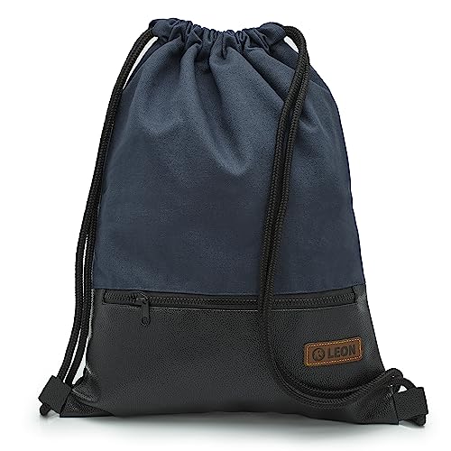By Bers LEON Turnbeutel, große Reißverschluss Außentasche, Innentaschen Innenfutter Rucksack Tasche Damen Männer Hipster Beutel Veganes Leder Gym Bag Draw String (Dkl.Blau_Schwarz_PU) von By Bers